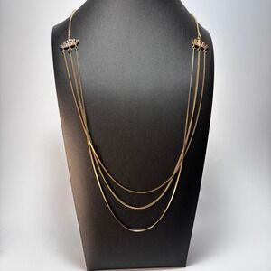Multi Strand Layered Necklace Gold Tone Crown Accents Toggle Clasp 22 Inch